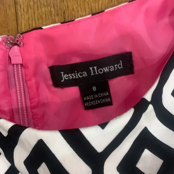 PINK AND BLACK AND WHITE JESSICA HOWARD DRESS WITH PINK RIBBON BELT. Sleeveless - Picture 3 of 9